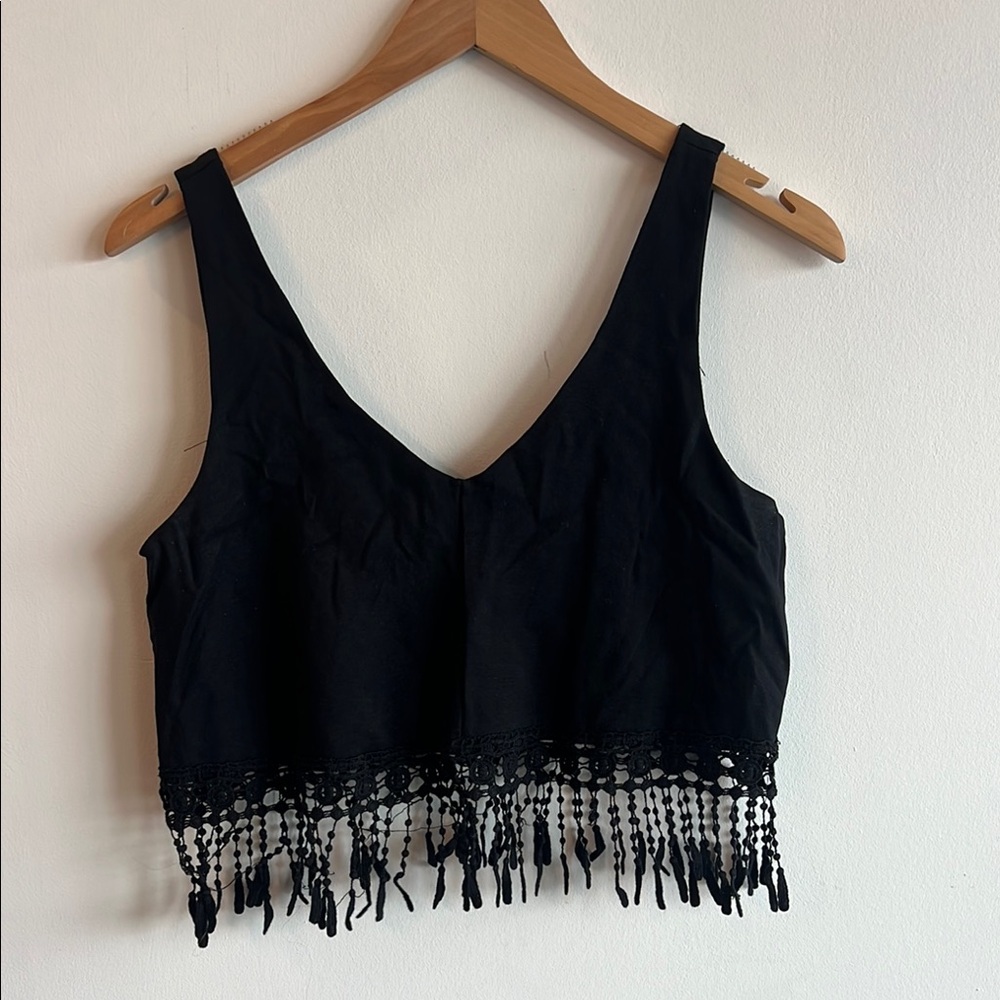 4SI3NNA Black Fringe Embellished Crop Tank